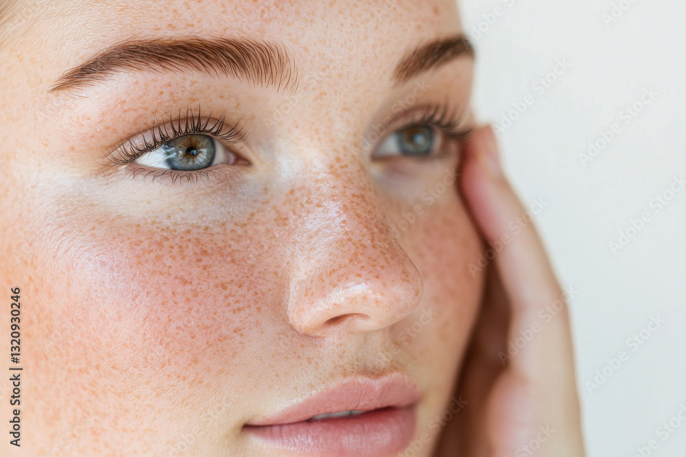 Fototapeta premium Close-up portrait of a young woman with freckles, showcasing natural beauty and emotion.