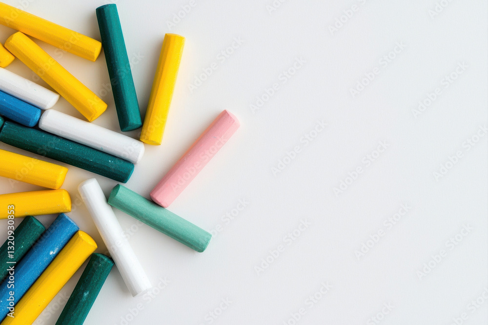 Colorful chalk pieces scattered on a clean white surface for creative projects. Colorful chalk pieces scattered on a clean white surface for creative projects.