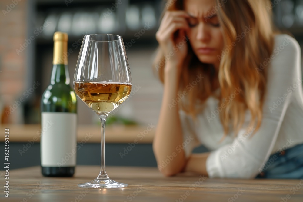 A woman looks distressed while holding her head near a glass of white wine A woman looks distressed while holding her head near a glass of white wine