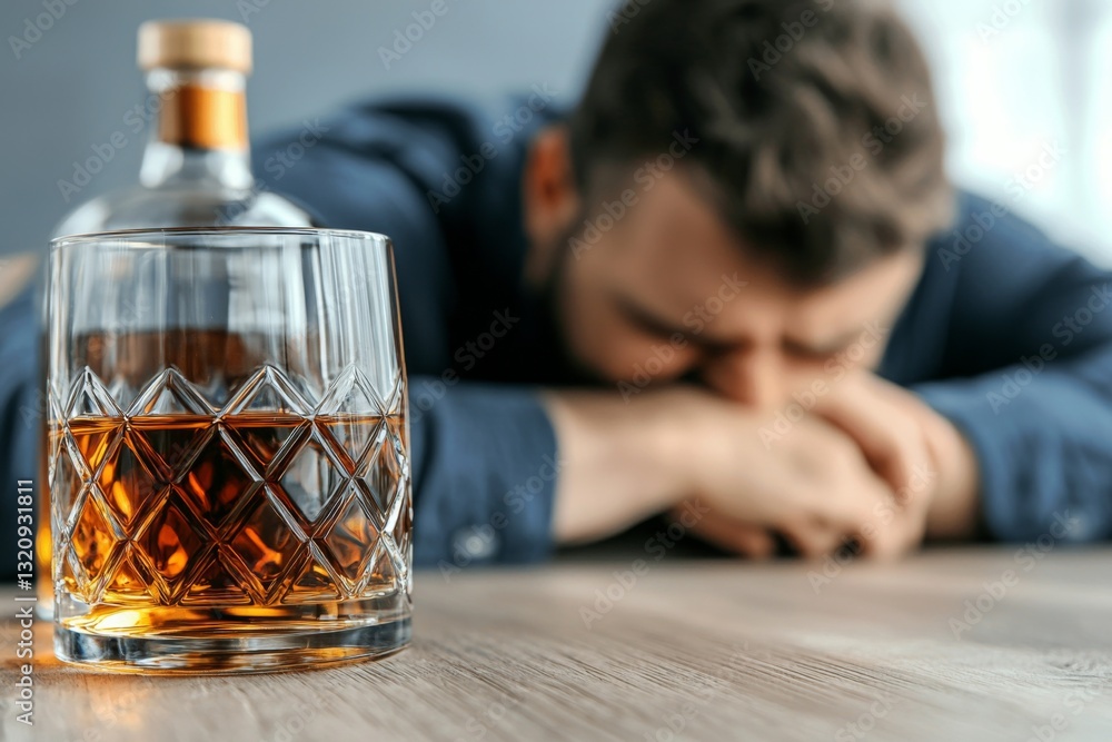 custom made wallpaper toronto digitalA man struggles with alcohol addiction, resting his head on a table beside a glass of whiskey