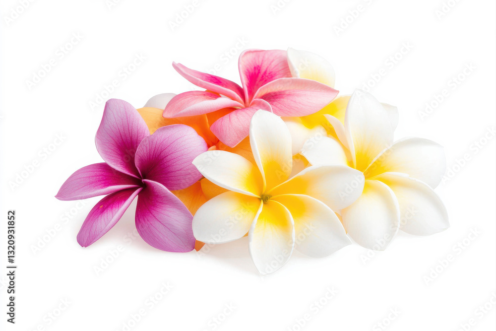 Colorful plumeria flowers arranged in a beautiful display on a white background. isolated on white background. Colorful plumeria flowers arranged in a beautiful display on a white background. isolated on white background.