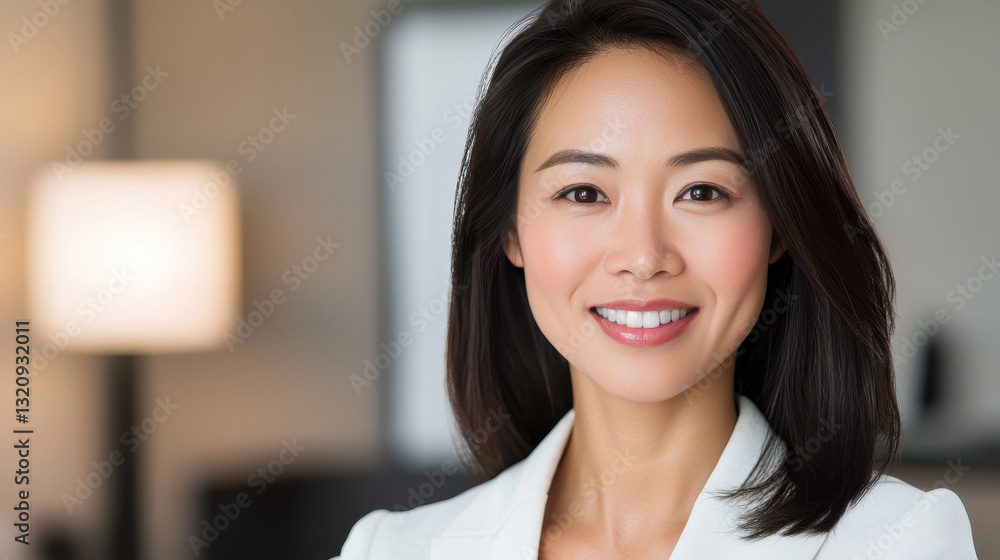 Confident businesswoman smiling, representing success in a professional setting. Confident businesswoman smiling, representing success in a professional setting.