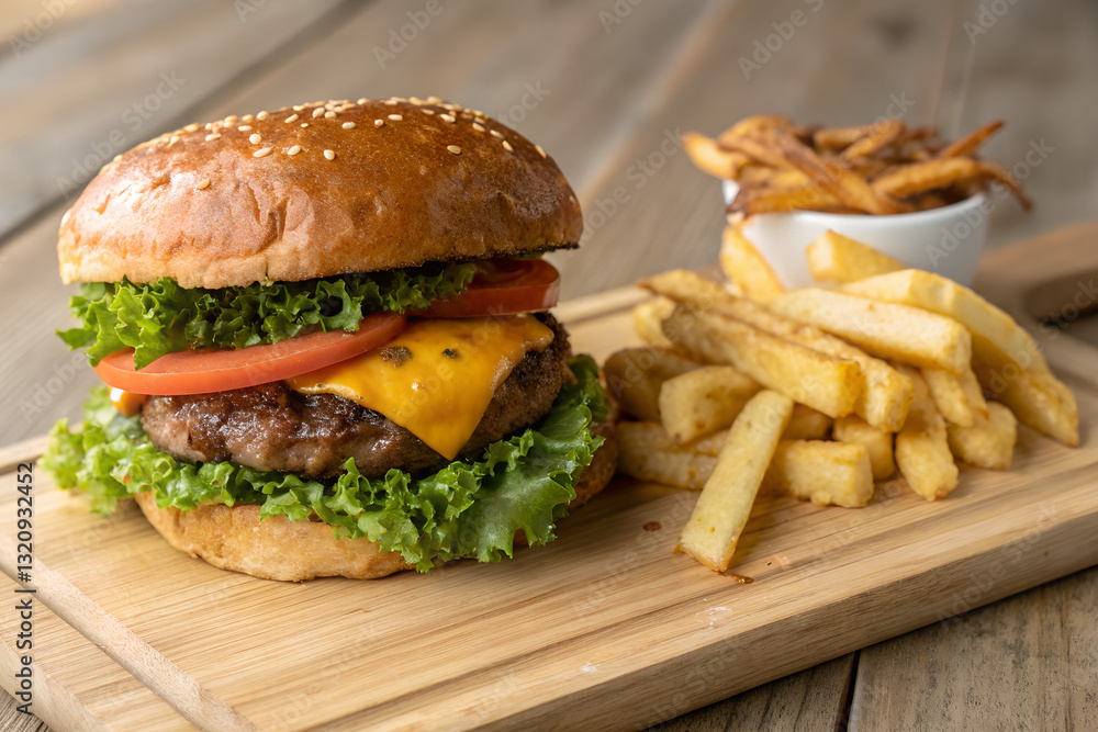Appetizing Hamburger: A Classic Meal Set Against a Wooden Canvas Appetizing Hamburger: A Classic Meal Set Against a Wooden Canvas