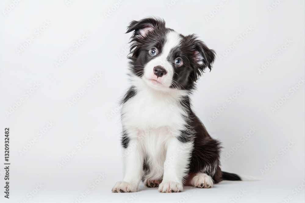Obraz premium Cute black and white puppy looking curiously at the camera with playful expression. isolated on white background.