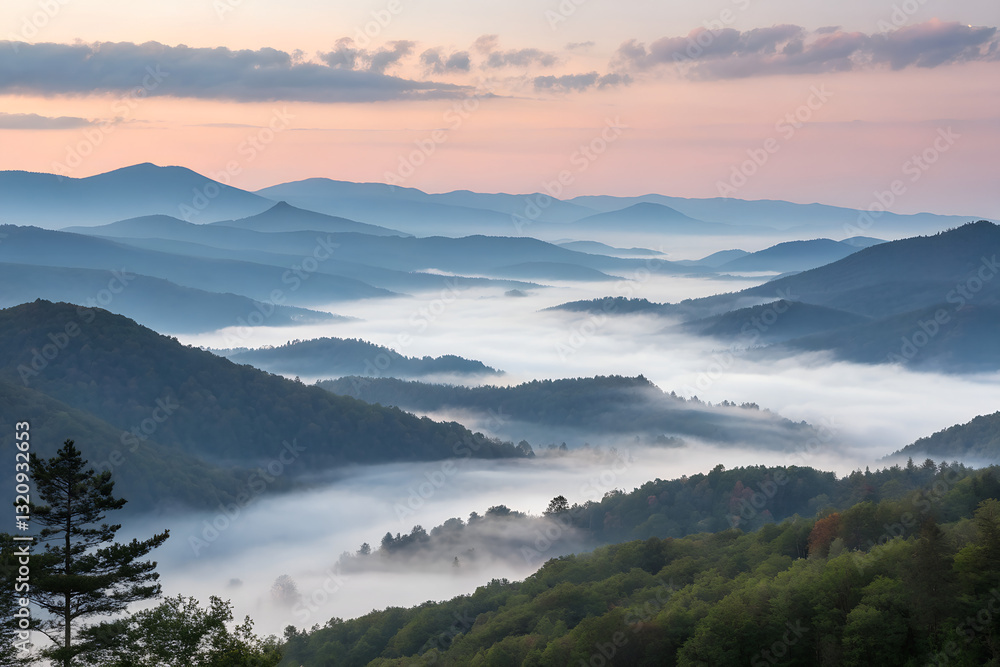 Obraz premium Peaceful Mountainous Scenery Enveloped in Mist – Ethereal Early Morning Landscape