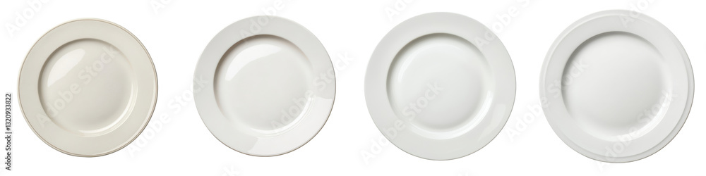 A set of four simple elegant white ceramic or porcelain plates arranged on a clean flat background The minimalist tableware setting provides a plain neutral backdrop for food product A set of four simple elegant white ceramic or porcelain plates arranged on a clean flat background The minimalist tableware setting provides a plain neutral backdrop for food product