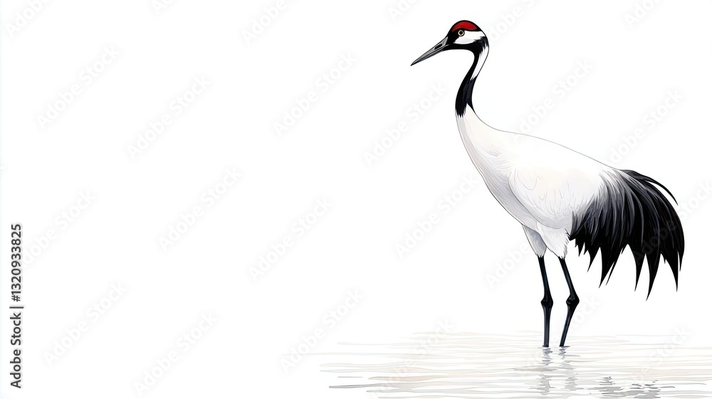 Fototapeta premium Ink illustration abstract background concept. A graceful crane stands elegantly in shallow water against a minimalistic background.