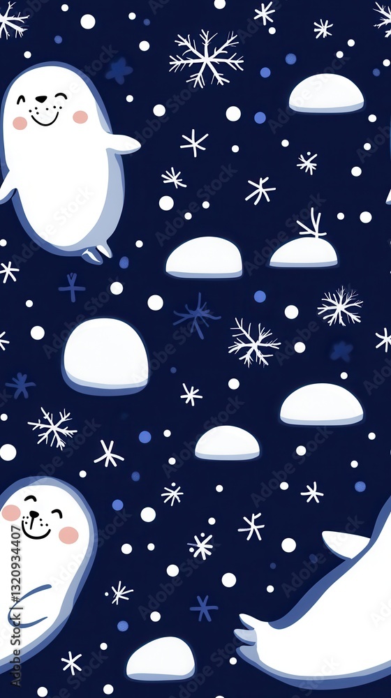 Adorable seals lounging on an iceberg with a playful snow and smiling ghost pattern creating a whimsical scene Adorable seals lounging on an iceberg with a playful snow and smiling ghost pattern creating a whimsical scene