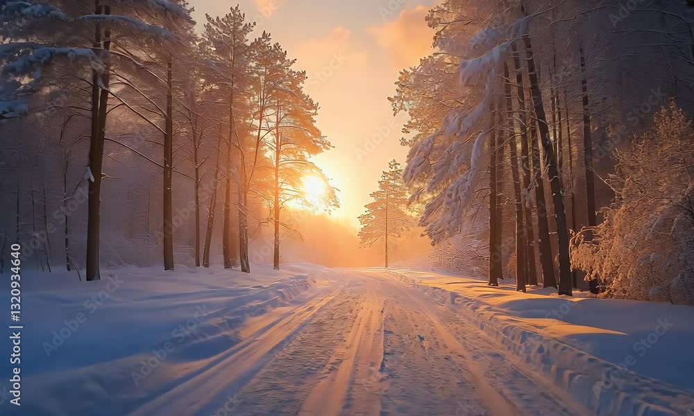 Sunlit snowy forest path at sunset; winter wonderland landscape, ideal for travel brochures Sunlit snowy forest path at sunset; winter wonderland landscape, ideal for travel brochures