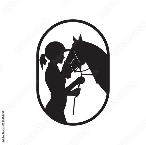 Black and White Silhouette of a Woman with a Horse in an Oval Frame