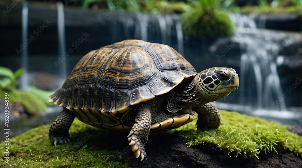 Turtle navigating lush greenery near a tranquil waterfall in a natural habitat Turtle navigating lush greenery near a tranquil waterfall in a natural habitat