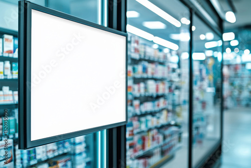 A blank white banner sways gently on a pharmacy window.