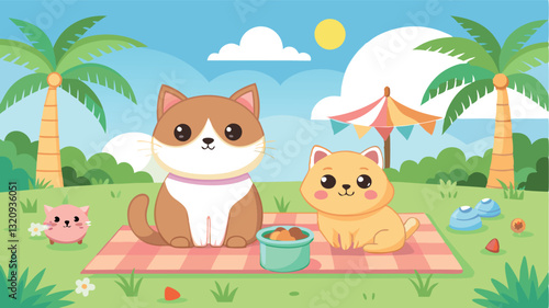 A cute kitten and puppy are happily celebrating a birthday on a green lawn. There are coconut trees, fruits and other cute details around them.