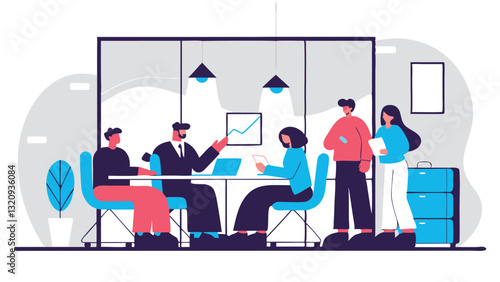 A group of business people is holding a meeting in a modern office. All participants are focused on discussing strategy and work processes.