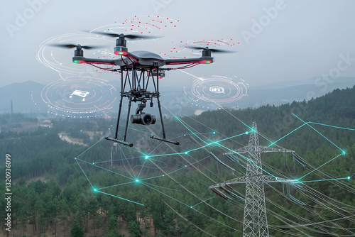 Drones inspect power lines in a forest, shown with data overlays and maintenance alerts.