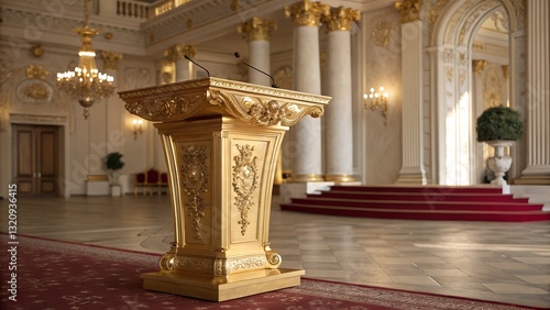 Golden Podium: A majestic golden podium, meticulously carved with ornate details, stands prominently in a grand hall, exuding an aura of importance and authority, ready for an orator to speak.