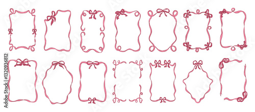 Collection of colorful coquette ribbon frames in vintage doodle style. Isolated design elements. Flat vector illustration.
