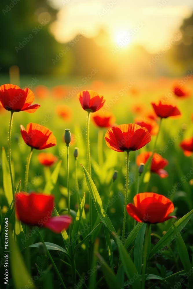 Poppies scattered across a lush green meadow bathed in golden sunlight , flora, light Poppies scattered across a lush green meadow bathed in golden sunlight , flora, light