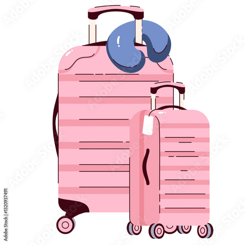 Pink plastic cartoon suitcases with blue neck pillow. Closed cases standing on wheels with handles ready to travel. Luggage, cruise mascot, tourists suitcases cartoon vector illustration