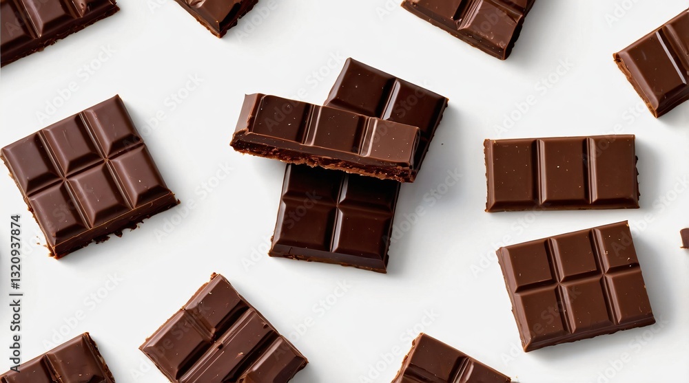 Delicious dark chocolate bars arranged neatly on a clean white surface for an inviting treat Delicious dark chocolate bars arranged neatly on a clean white surface for an inviting treat