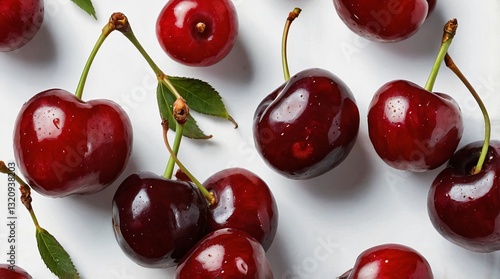 Freshly harvested cherries arranged on a white surface, showcasing their vibrant color and natural shine