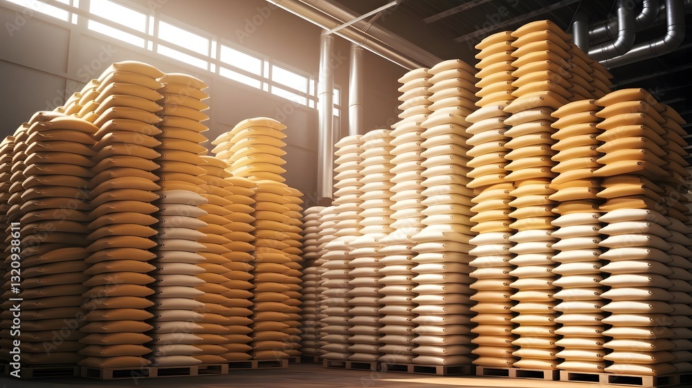 A warehouse filled with stacked bags of corn or rice, organized for efficient storage in a facility. A warehouse filled with stacked bags of corn or rice, organized for efficient storage in a facility.