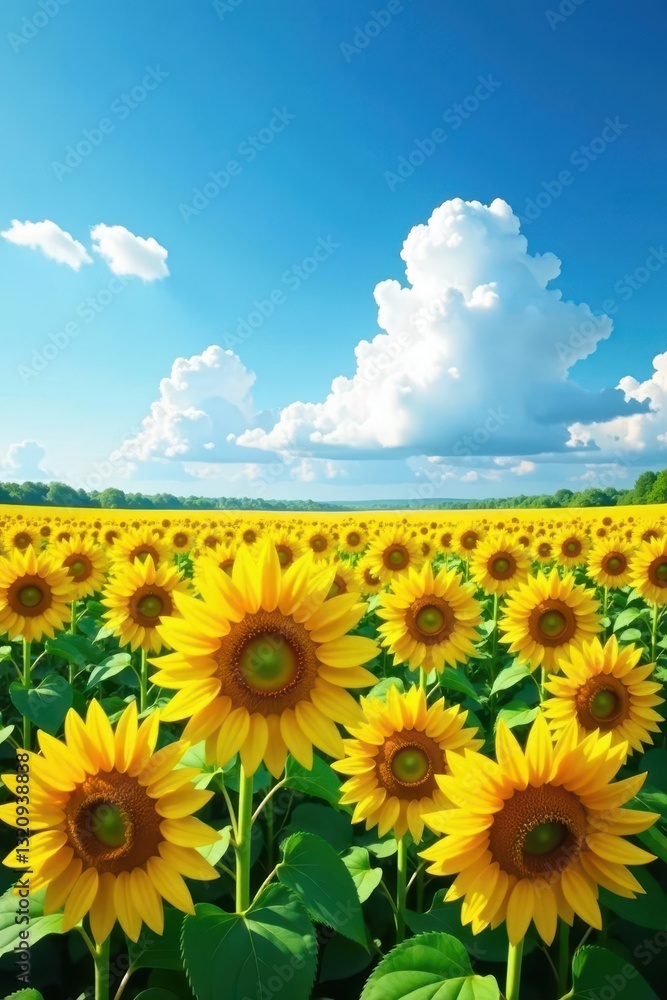 Fototapeta premium Vast sunflower field, blue sky, fluffy clouds, scenic, bright