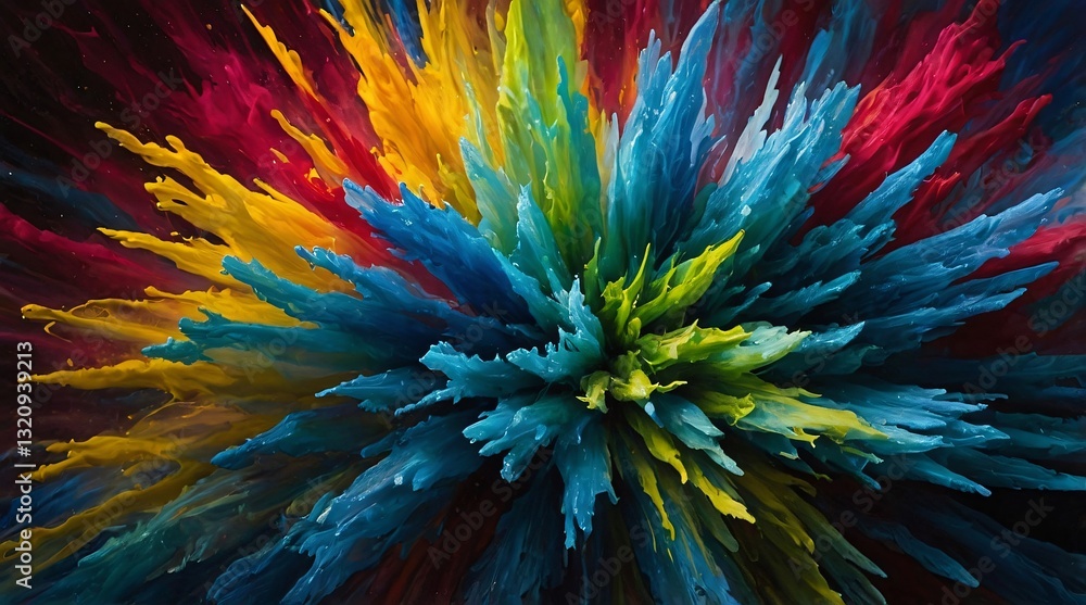 Obraz premium Colorful explosion of paint creating vibrant patterns in vivid shades of blue, yellow, red, and green