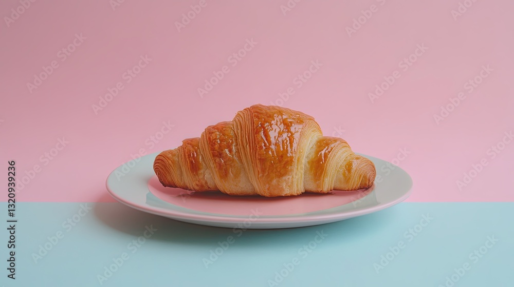 A minimalist shot of a warm croissant styled on a pastel ceramic plate. pic A minimalist shot of a warm croissant styled on a pastel ceramic plate. pic