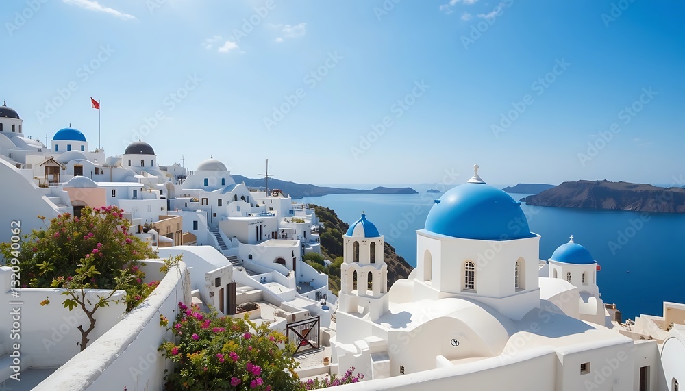 Fototapeta premium Exploring Santorini Greece White Architecture and Blue Domes Under Sunny Skies