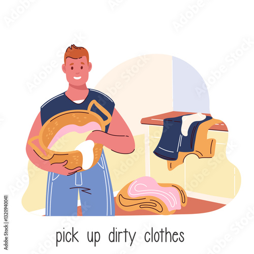 Man picking up dirty clothes in laundry basket cartoon scene. Funny guy with happy smile holding up hamper to pick up laundry. Housekeeping, housework cartoon action for washing vector illustration