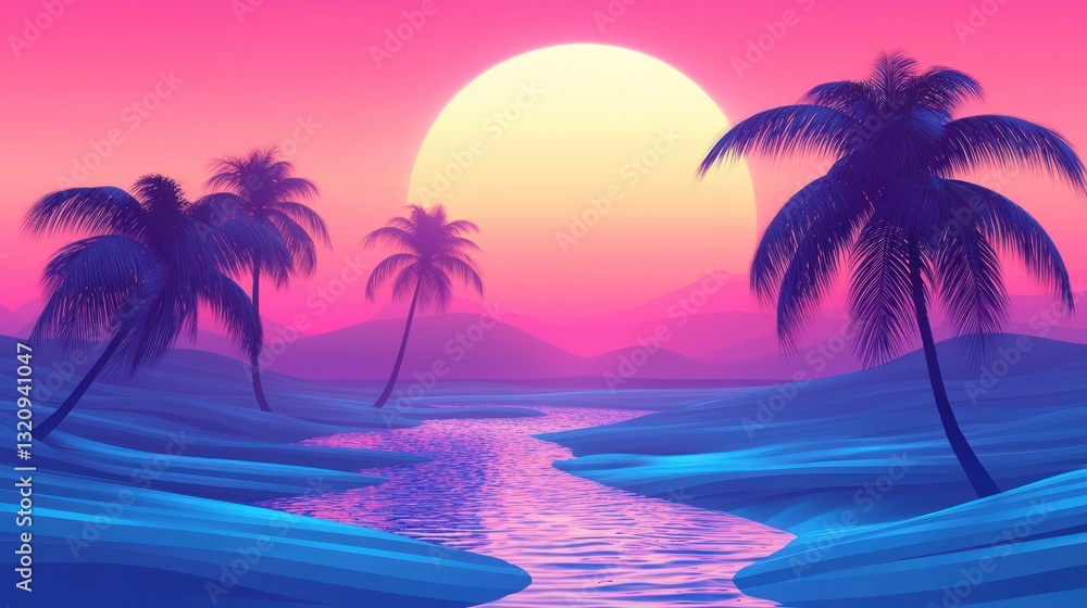 Synthwave Oasis: Sunset over a surreal tropical river Synthwave Oasis: Sunset over a surreal tropical river