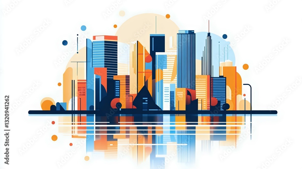 Fototapeta premium Colorful city skyline illustration with reflections, featuring modern buildings and abstract design elements in a vibrant palette.