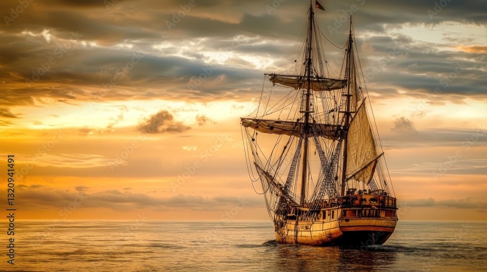 Obraz premium Golden Hour Sail: A Majestic Sailing Ship at Sunset