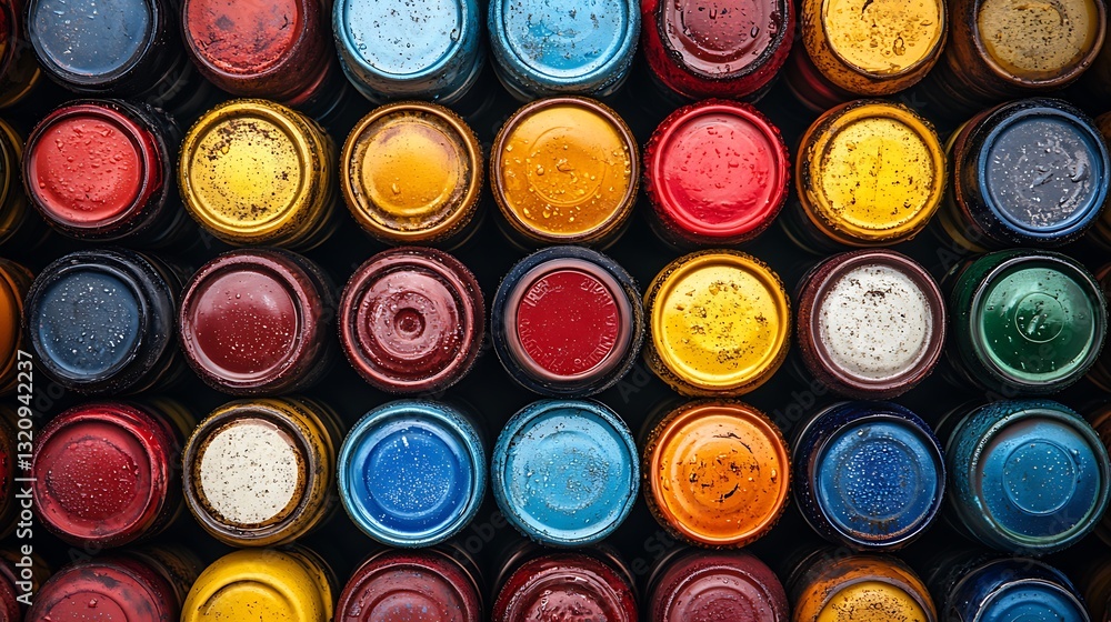 Overhead view of beer bottle caps in an array of bright and bold colors Overhead view of beer bottle caps in an array of bright and bold colors