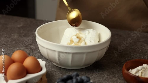 Wallpaper Mural Jerusalem artichoke syrup is poured from a spoon into a bowl with cottage cheese. Making healthy desserts from organic products Torontodigital.ca