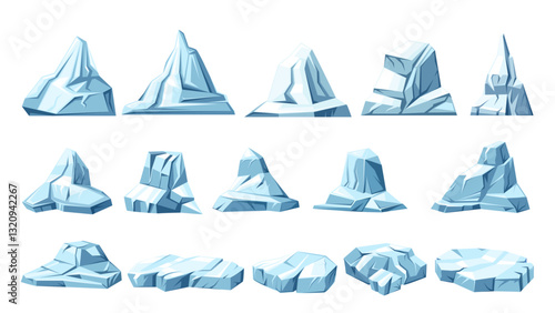 Iceberg pieces of various shapes cartoon set. Flat and triangular ice floes, frozen rock with sharp peak and geometric edges. Nature of North Pole mascot, cartoon icebergs vector illustration