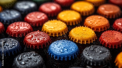 High contrast image of colorful beer bottle caps on a black surface