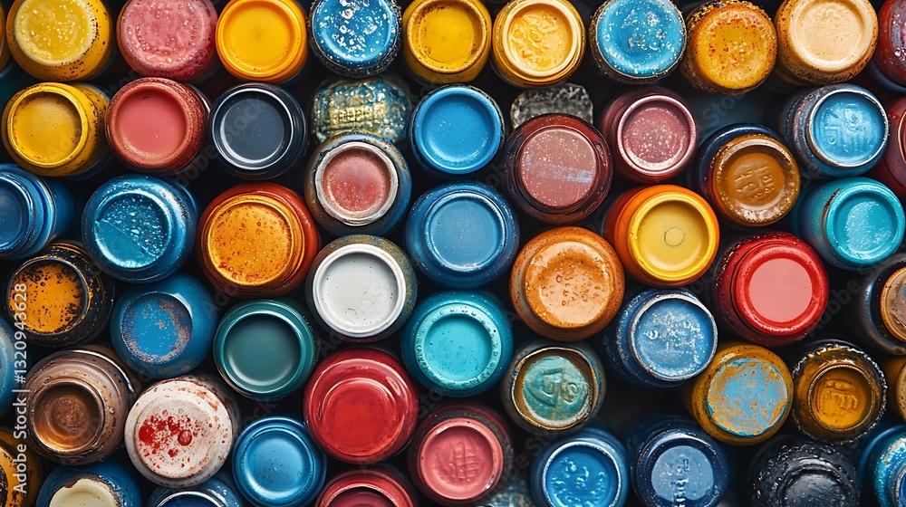 Close-up of stacked beer bottle caps in a mix of bright and pastel shades Close-up of stacked beer bottle caps in a mix of bright and pastel shades