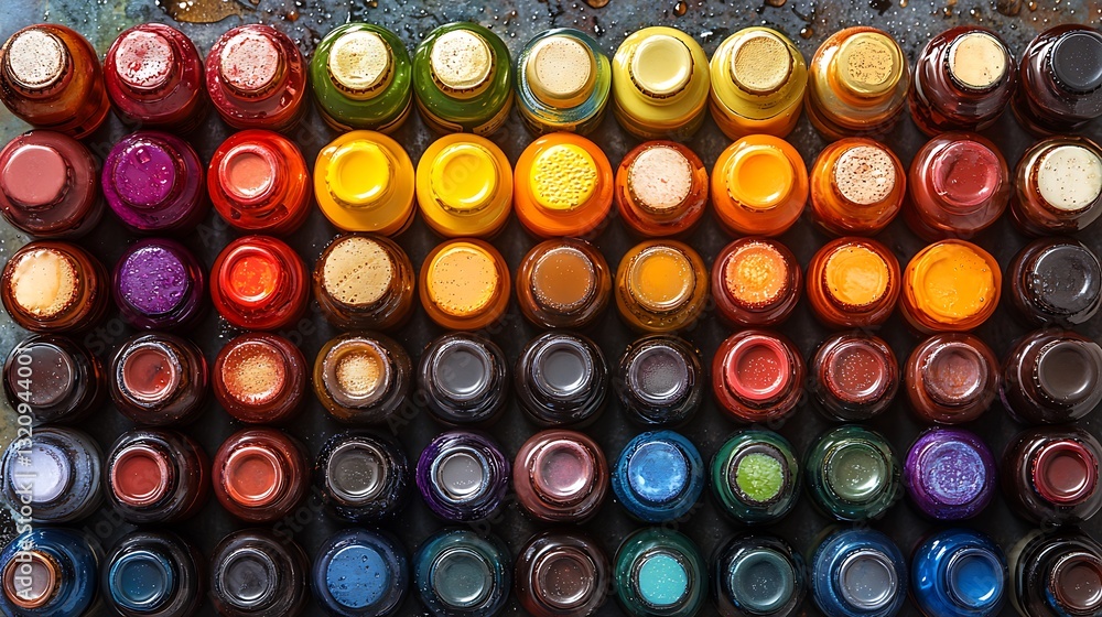 Vibrant beer bottle caps arranged to form a rainbow effect Vibrant beer bottle caps arranged to form a rainbow effect