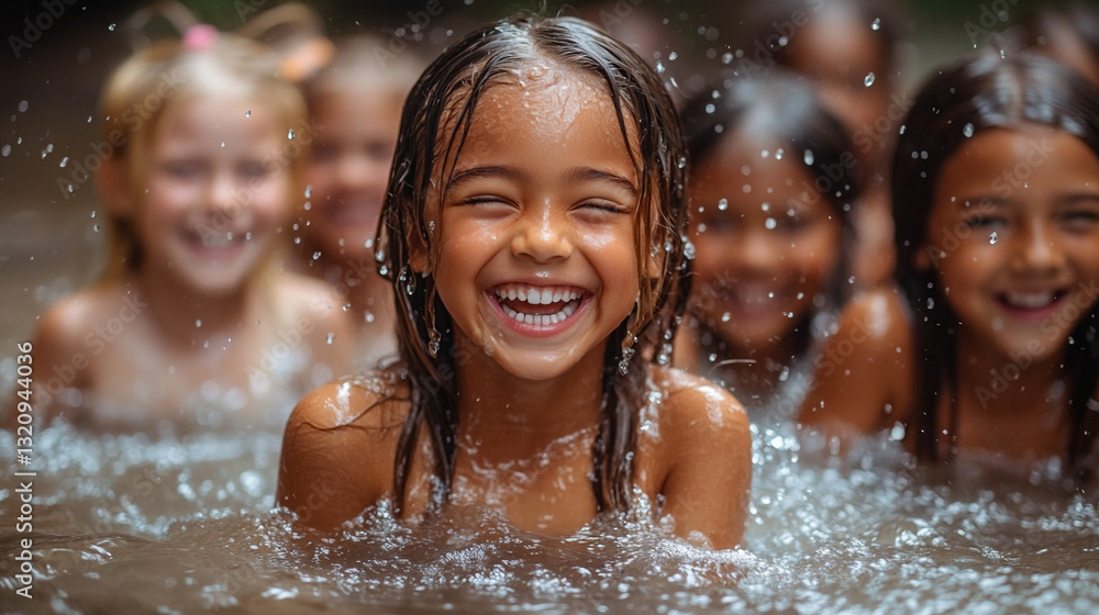 Obraz premium Diverse Group of Joyful Children Enjoying a Fun Day in a Swimming Hole Surrounded by Nature