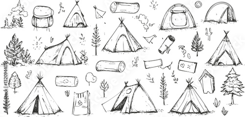 Hand-drawn camping elements including tents, trees, and outdoor gear illustrations.