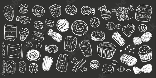 Hand-drawn sweets and candies illustration on a black chalkboard background.