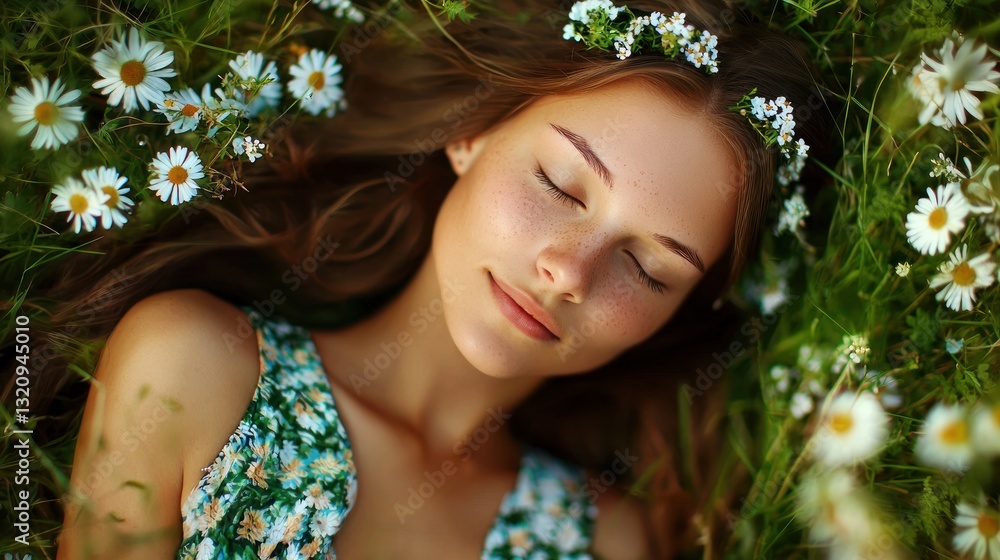 Serene Slumber Amidst Daisies: A Dreamy Portrait of Youthful Beauty Serene Slumber Amidst Daisies: A Dreamy Portrait of Youthful Beauty