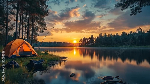 Serene sunset over a calm lake with a camping tent and fishing gear