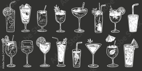Collection of hand-drawn cocktail illustrations on a dark background.