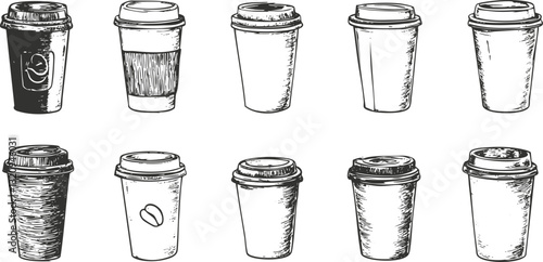Hand-drawn sketch of various takeaway coffee cups.