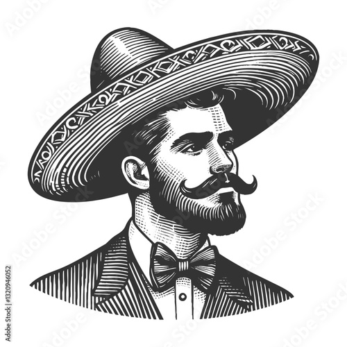 serious man wearing a traditional sombrero and formal suit with a bow tie, showcasing cultural elegance and heritage sketch engraving generative ai vector illustration. Scratch board. Black and white.