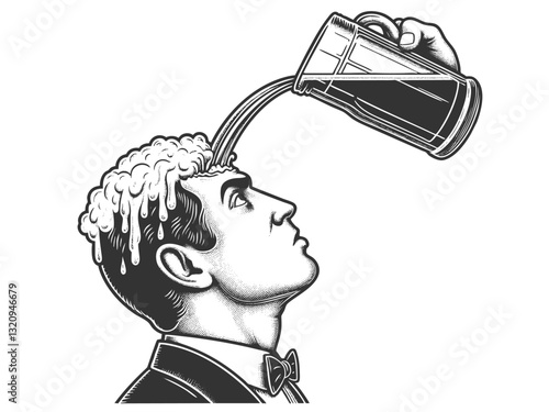 man in a suit with beer being humorously poured onto his head, forming foam sketch engraving generative ai fictional character vector illustration. Scratch board imitation. Black and white image.