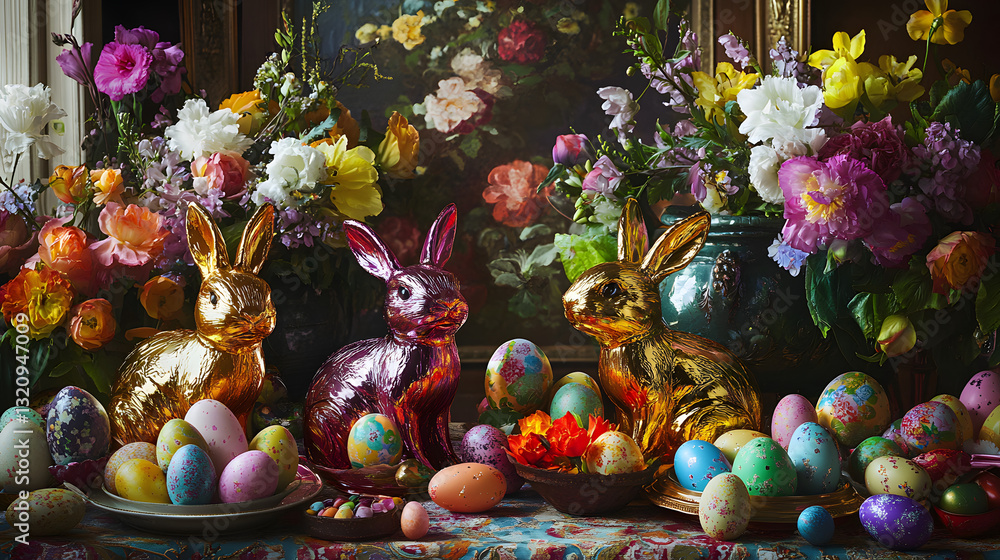 Fototapeta premium Colorful chocolate Easter bunnies in shiny foil wrappers, arranged around a festive table with decorated Easter eggs, flowers, and springtime decorations for a joyful celebration.